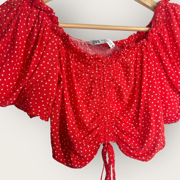 Zara Red Polka Dot Crop Top | XS | Red White Ruched Drawstring Front Festival - Picture 3 of 4